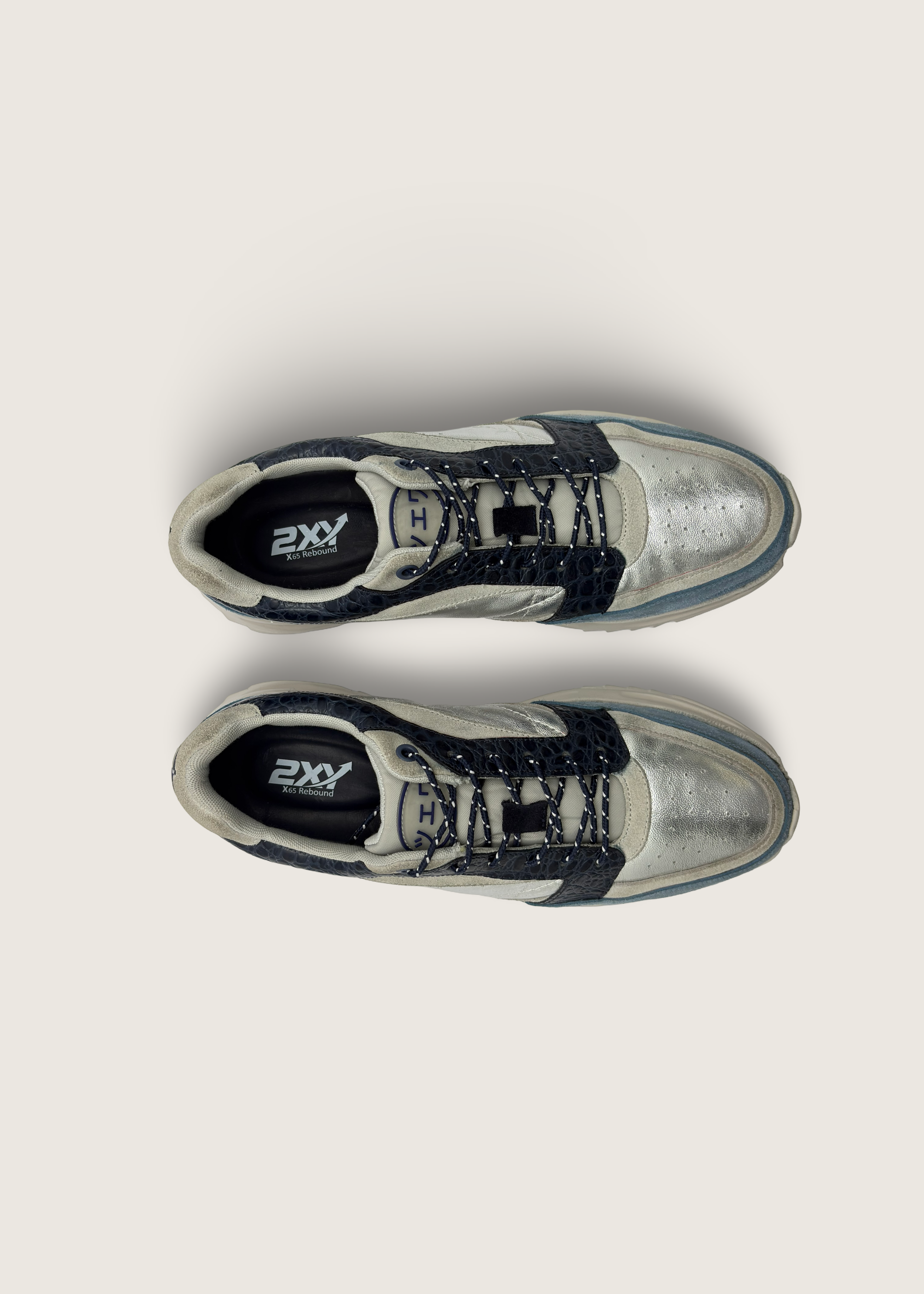 海 Men's KAI in lagoon and pumice leather suede with silver crushed argentinian leather and deep navy croco leather