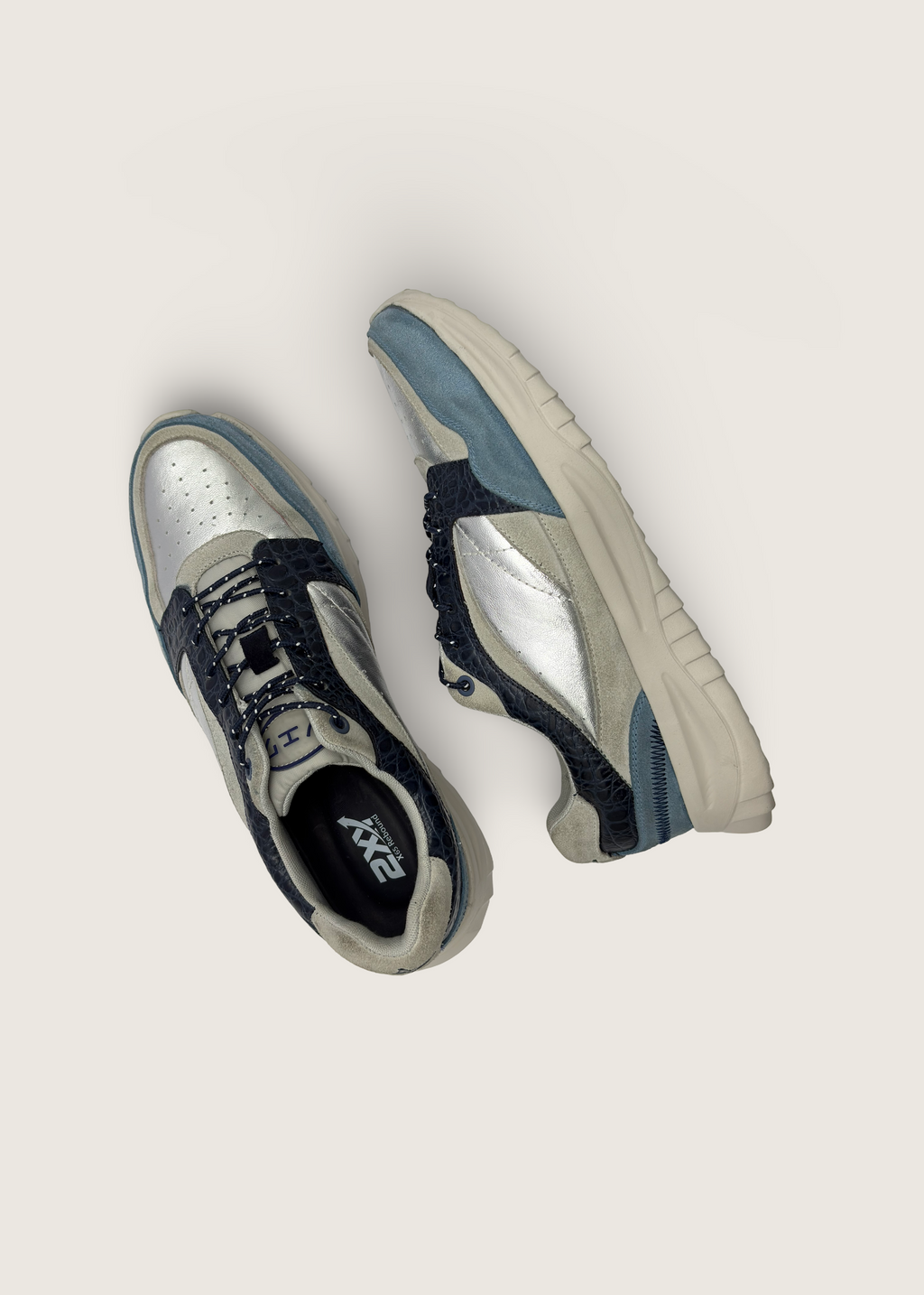海 Men's KAI in lagoon and pumice leather suede with silver crushed argentinian leather and deep navy croco leather