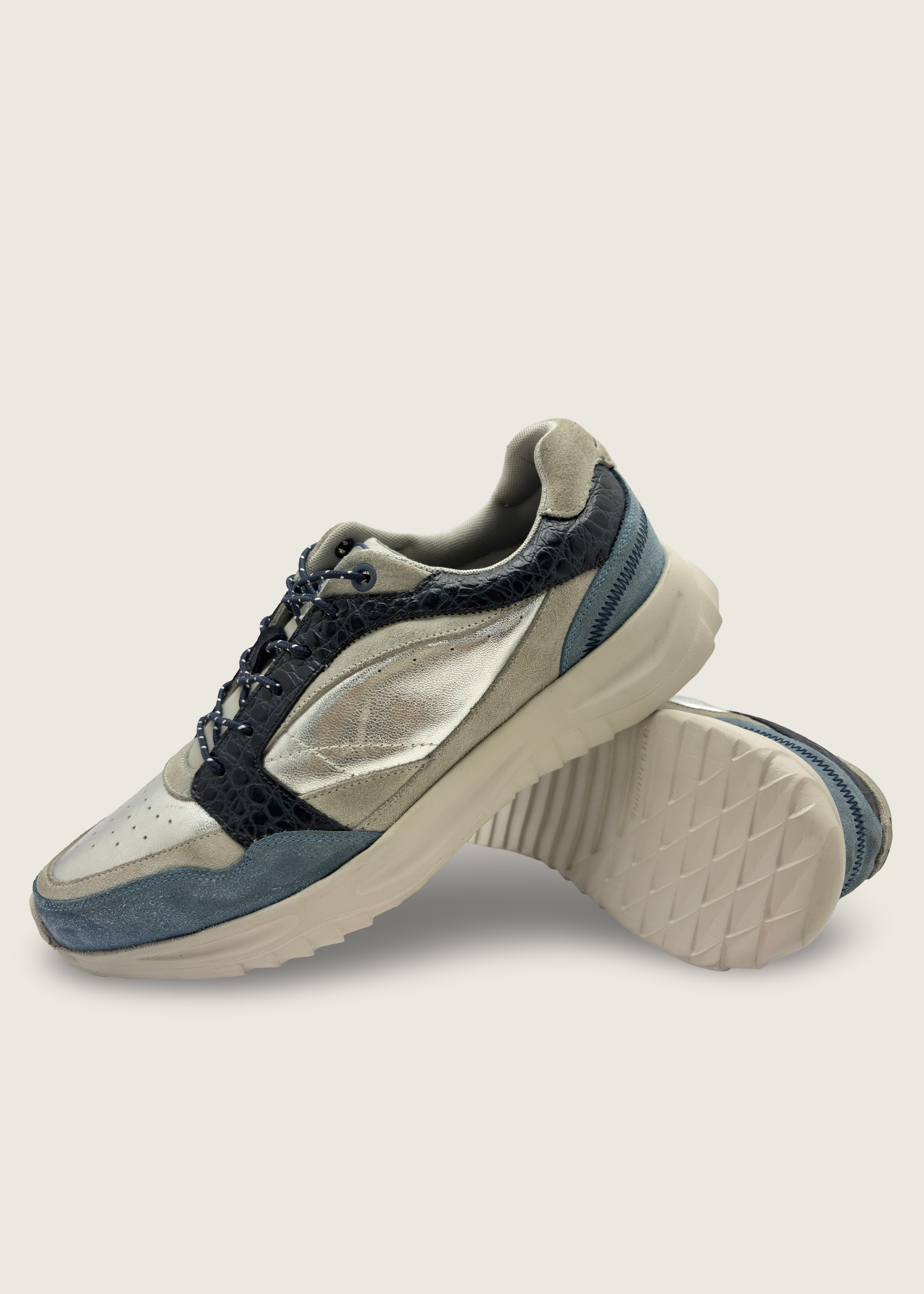 海 Men's KAI in lagoon and pumice leather suede with silver crushed argentinian leather and deep navy croco leather