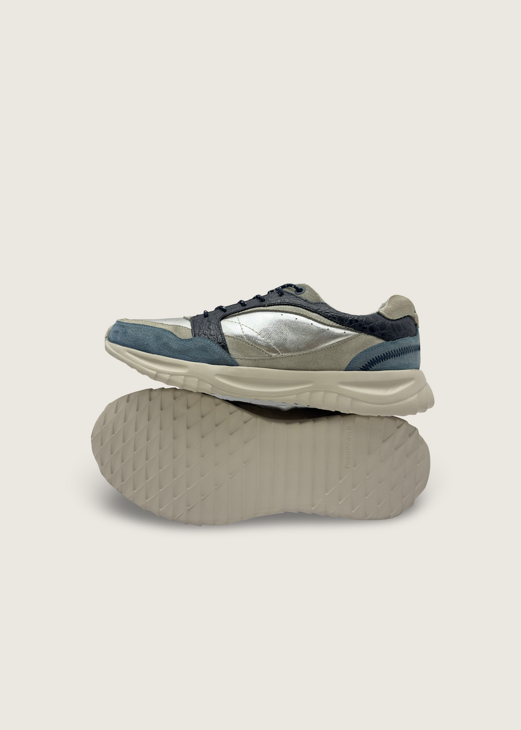 海 Men's KAI in lagoon and pumice leather suede with silver crushed argentinian leather and deep navy croco leather