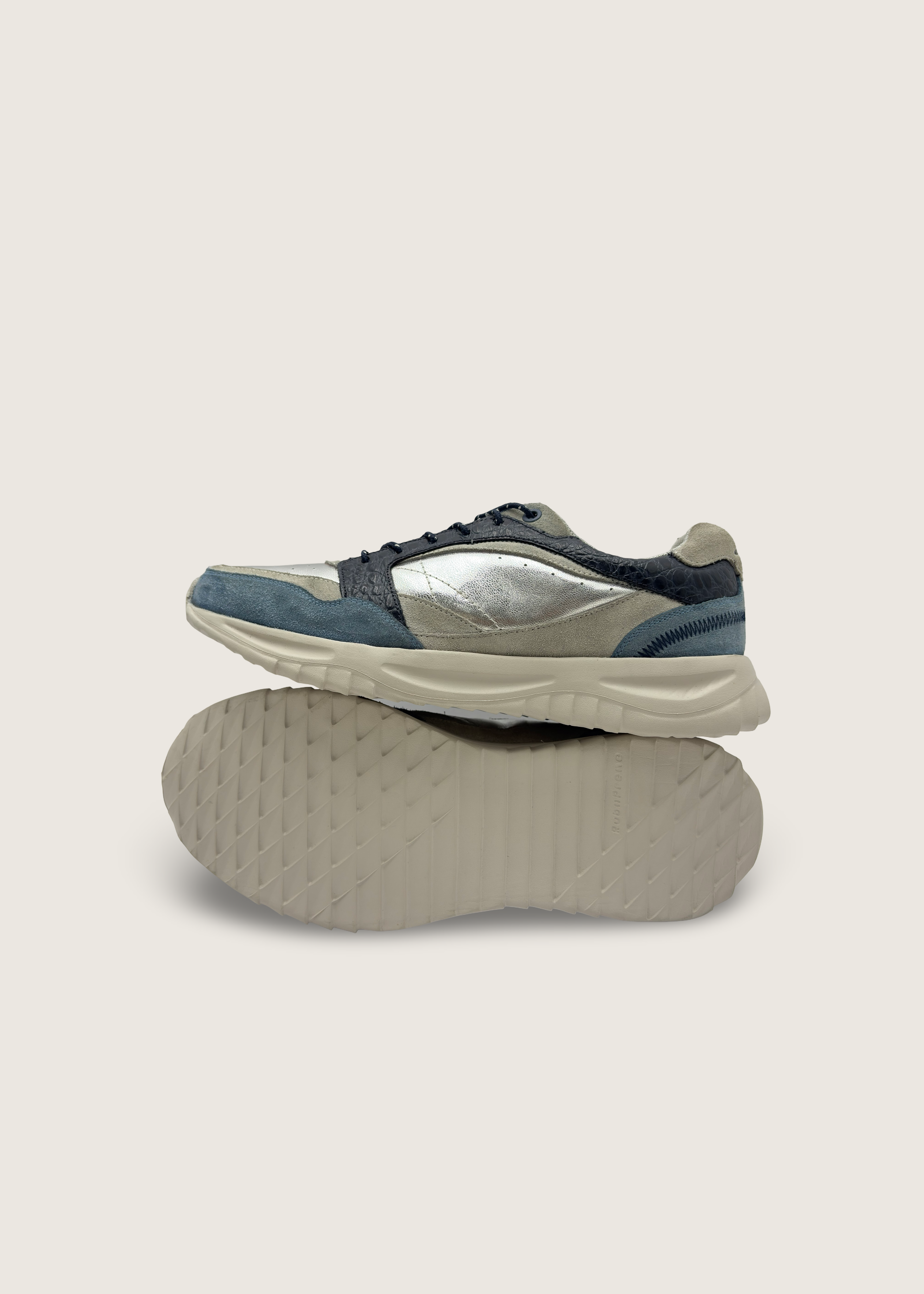 海 Men's KAI in lagoon and pumice leather suede with silver crushed argentinian leather and deep navy croco leather