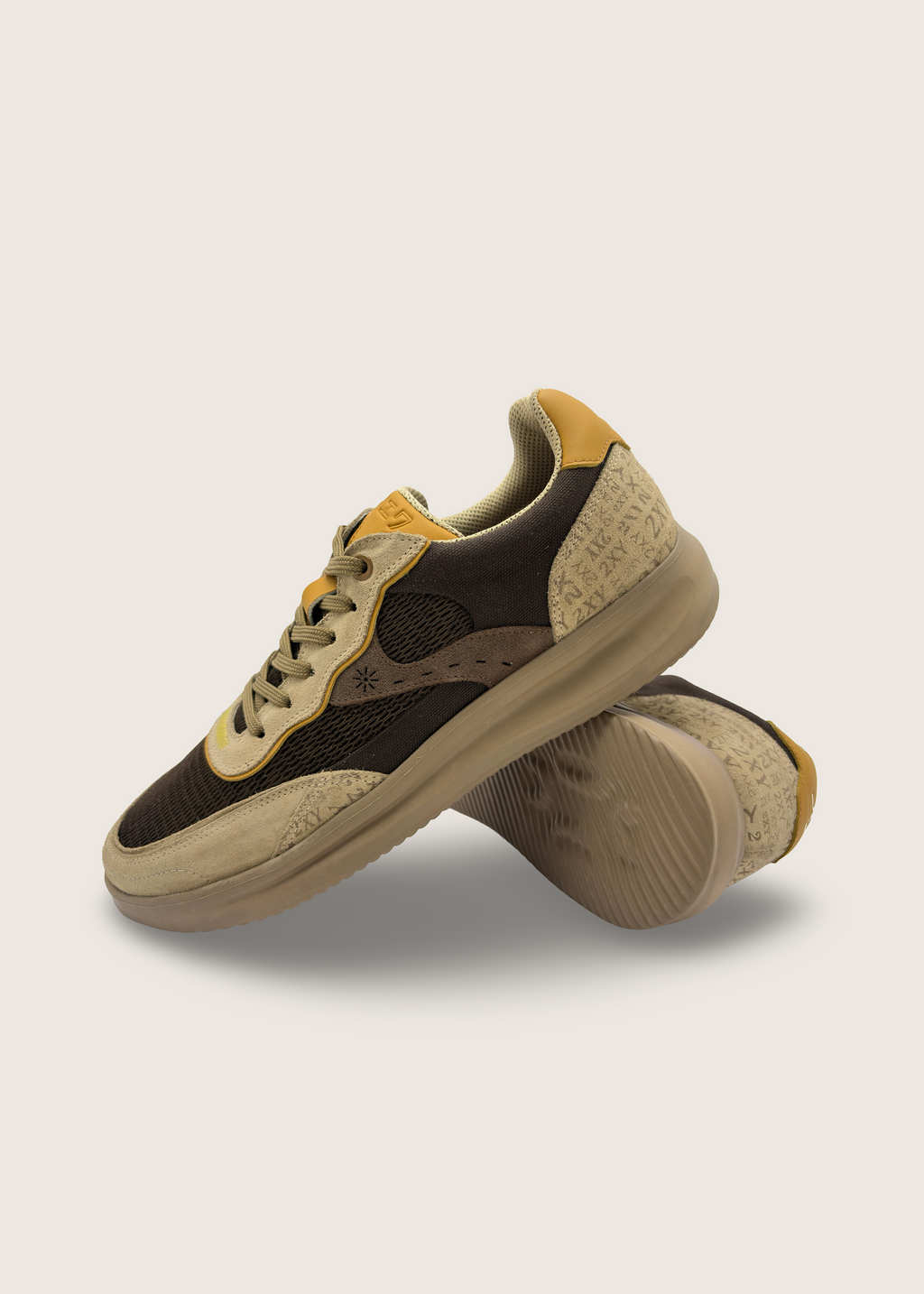 波 Men's NAMI in  beige leather suede with chocolate brown layers of technical mesh
