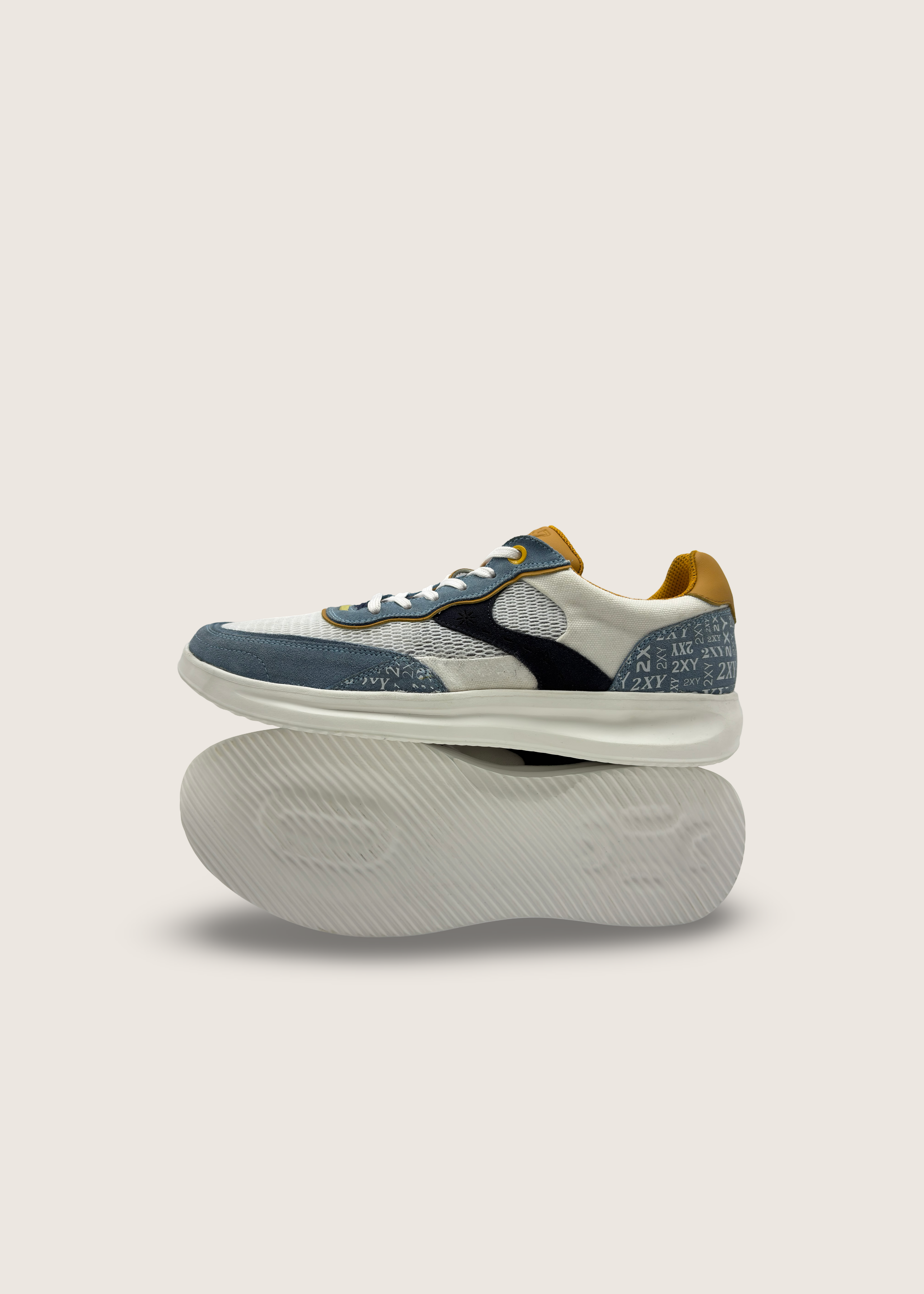 波 Men's NAMI in  ice navy leather suede with optical white layers of technical mesh