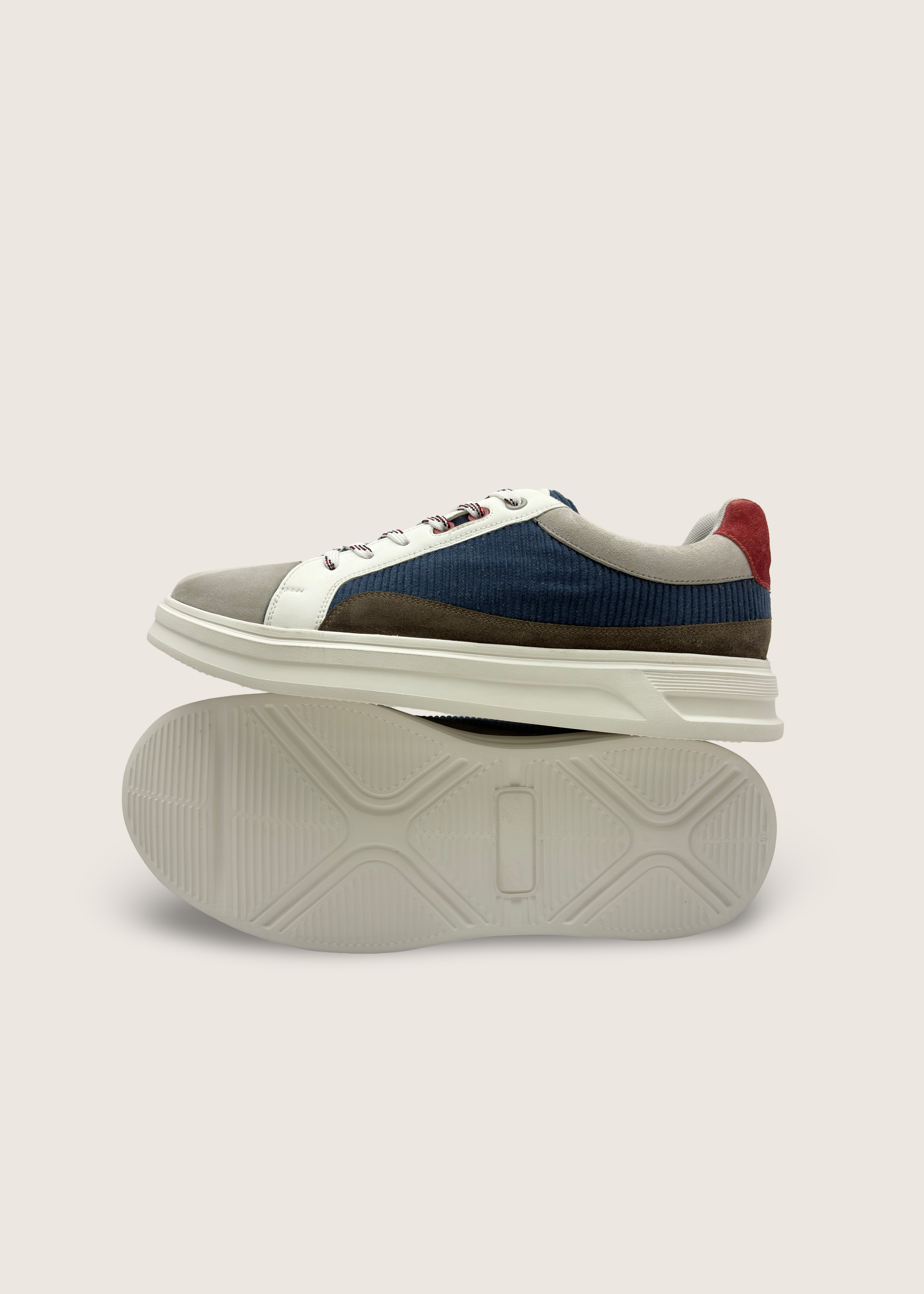 光 Men's Hikari in pumice and olive leather suede and deep blue cotton corduroy