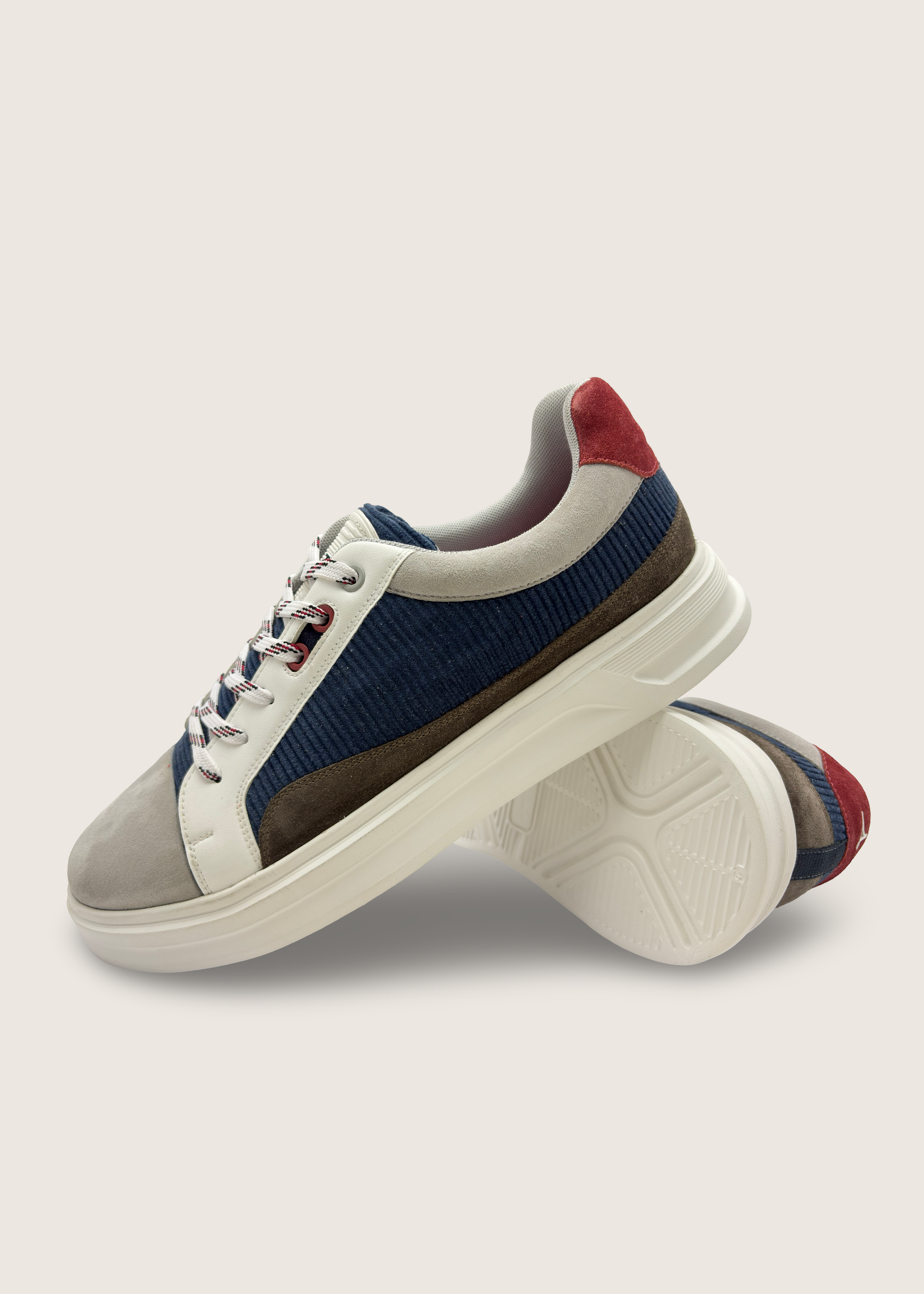 光 Men's Hikari in pumice and olive leather suede and deep blue cotton corduroy