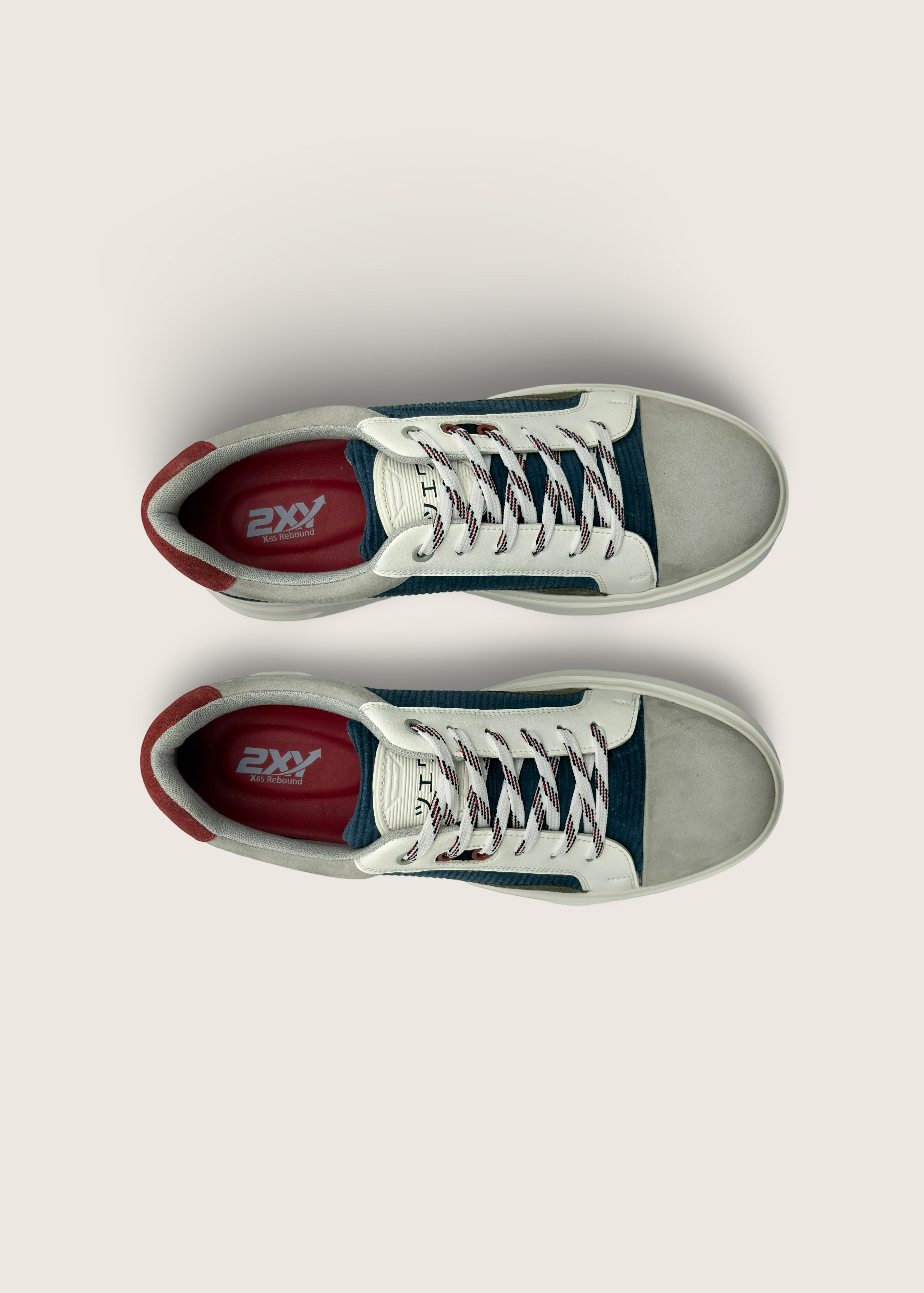光 Men's Hikari in pumice and olive leather suede and deep blue cotton corduroy