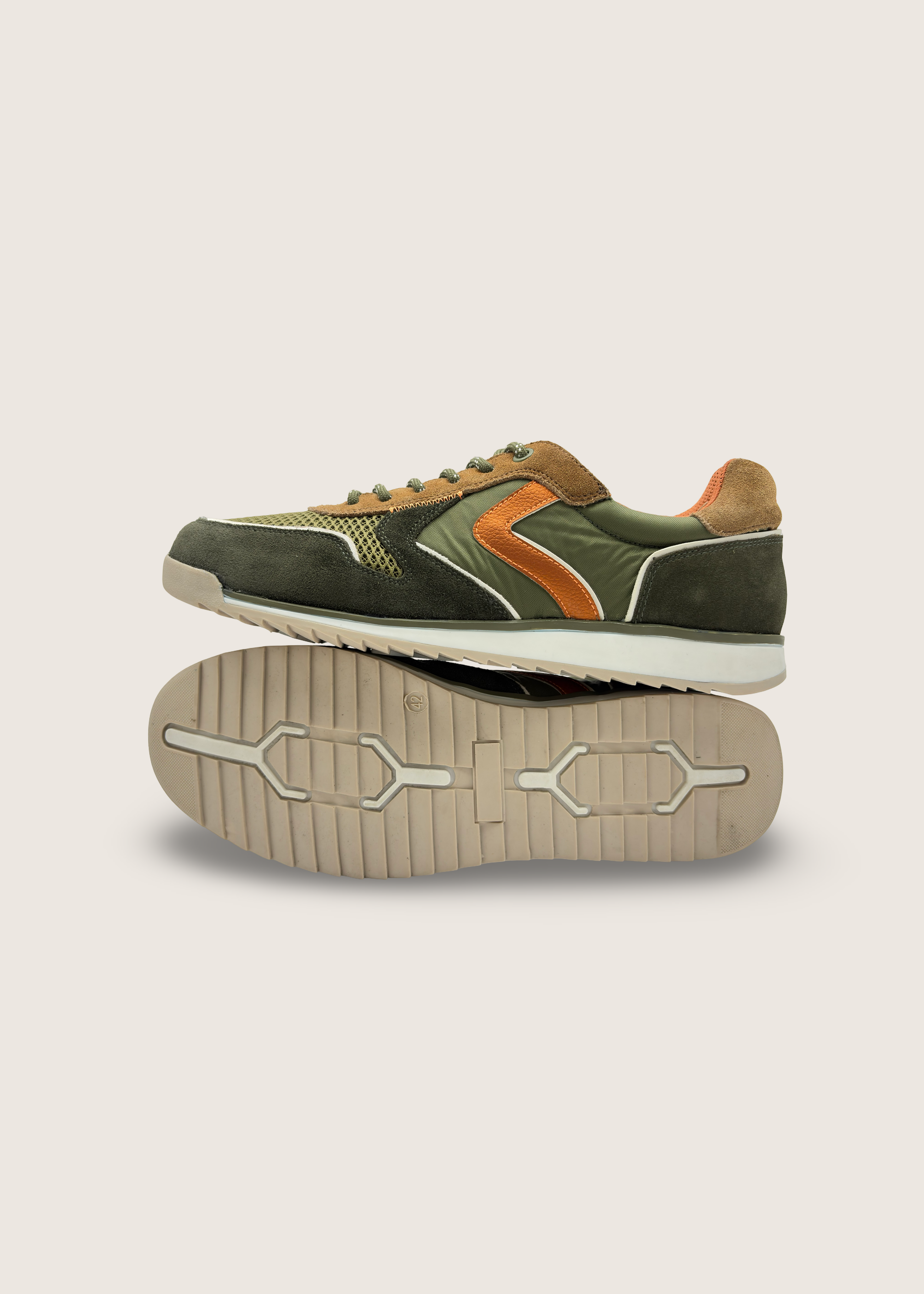 大阪 Men's OSAKA  in olive and burnt orange leather suede with olive technical textiles