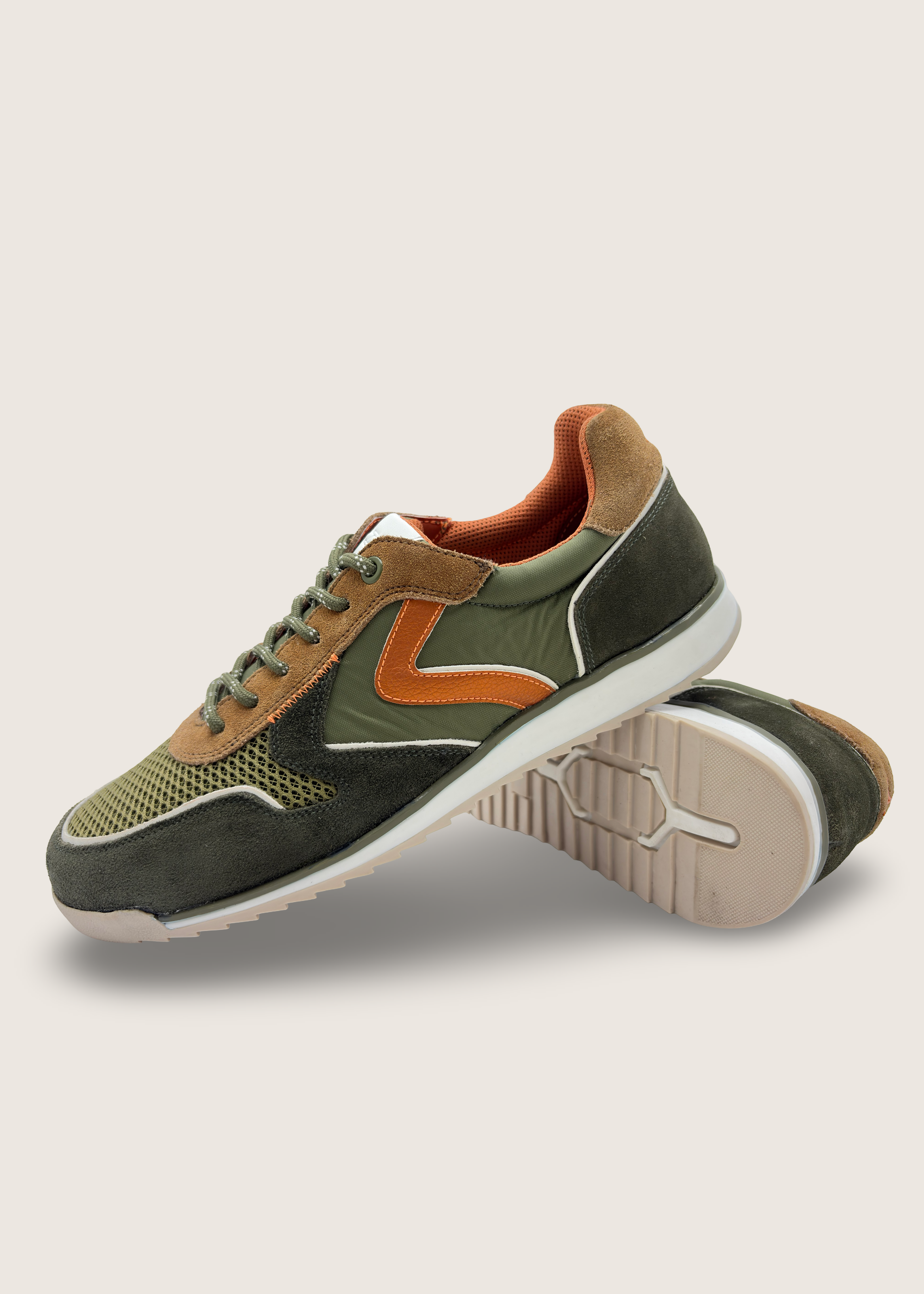 大阪 Men's OSAKA  in olive and burnt orange leather suede with olive technical textiles