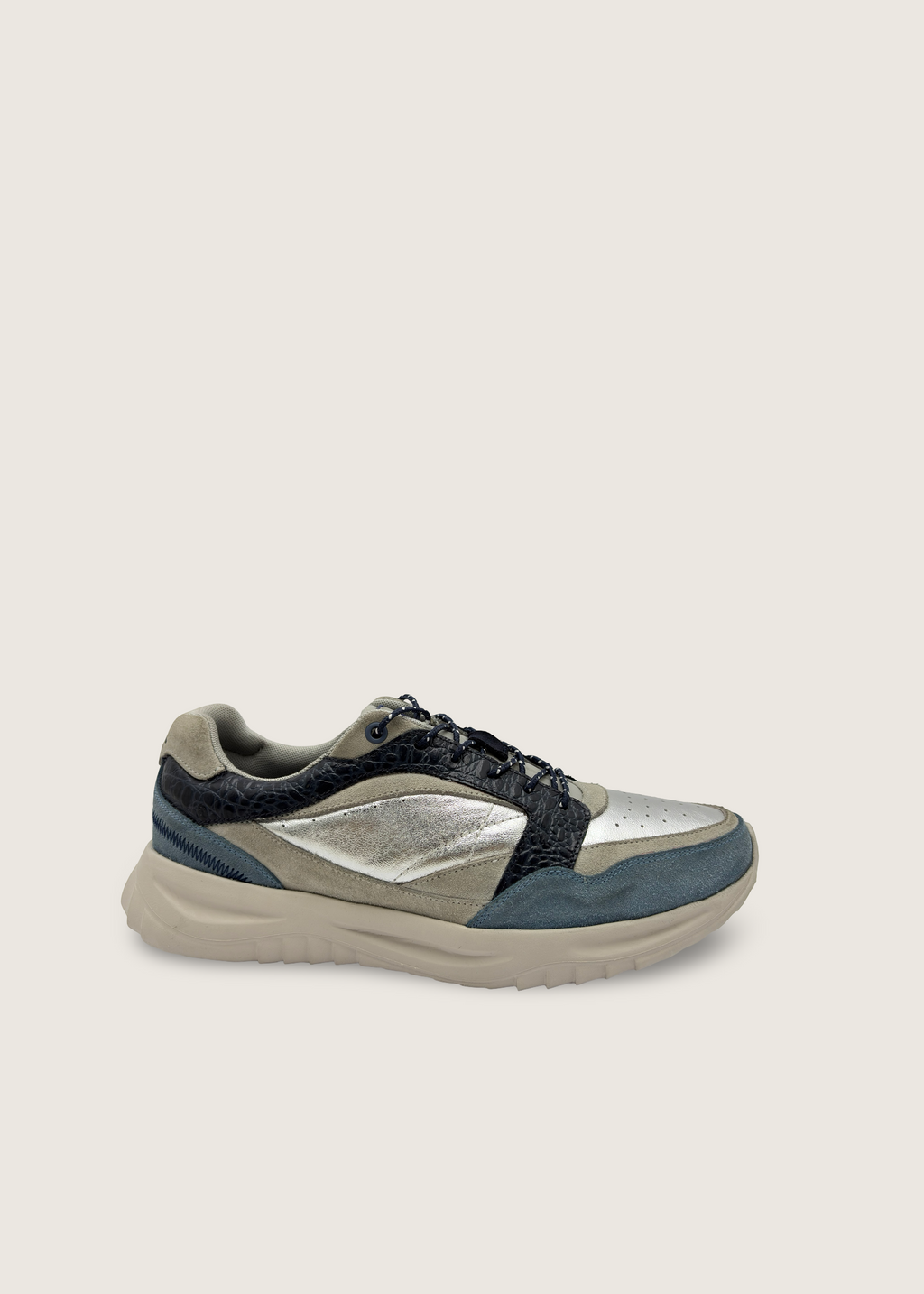 海 Men's KAI in lagoon and pumice leather suede with silver crushed argentinian leather and deep navy croco leather