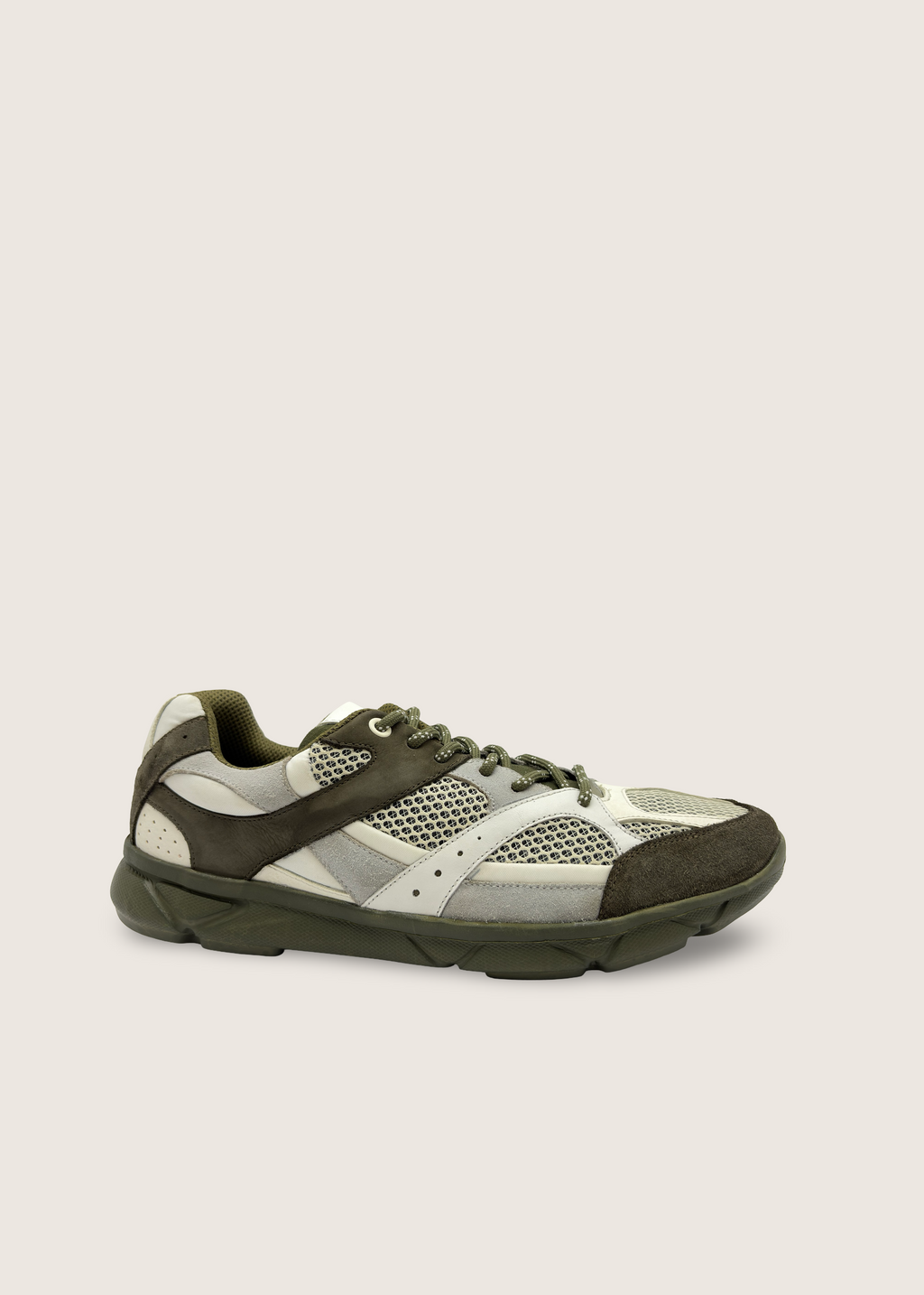 富士 Men's FUJI in olive leather nubuck with silver white technical mesh panels