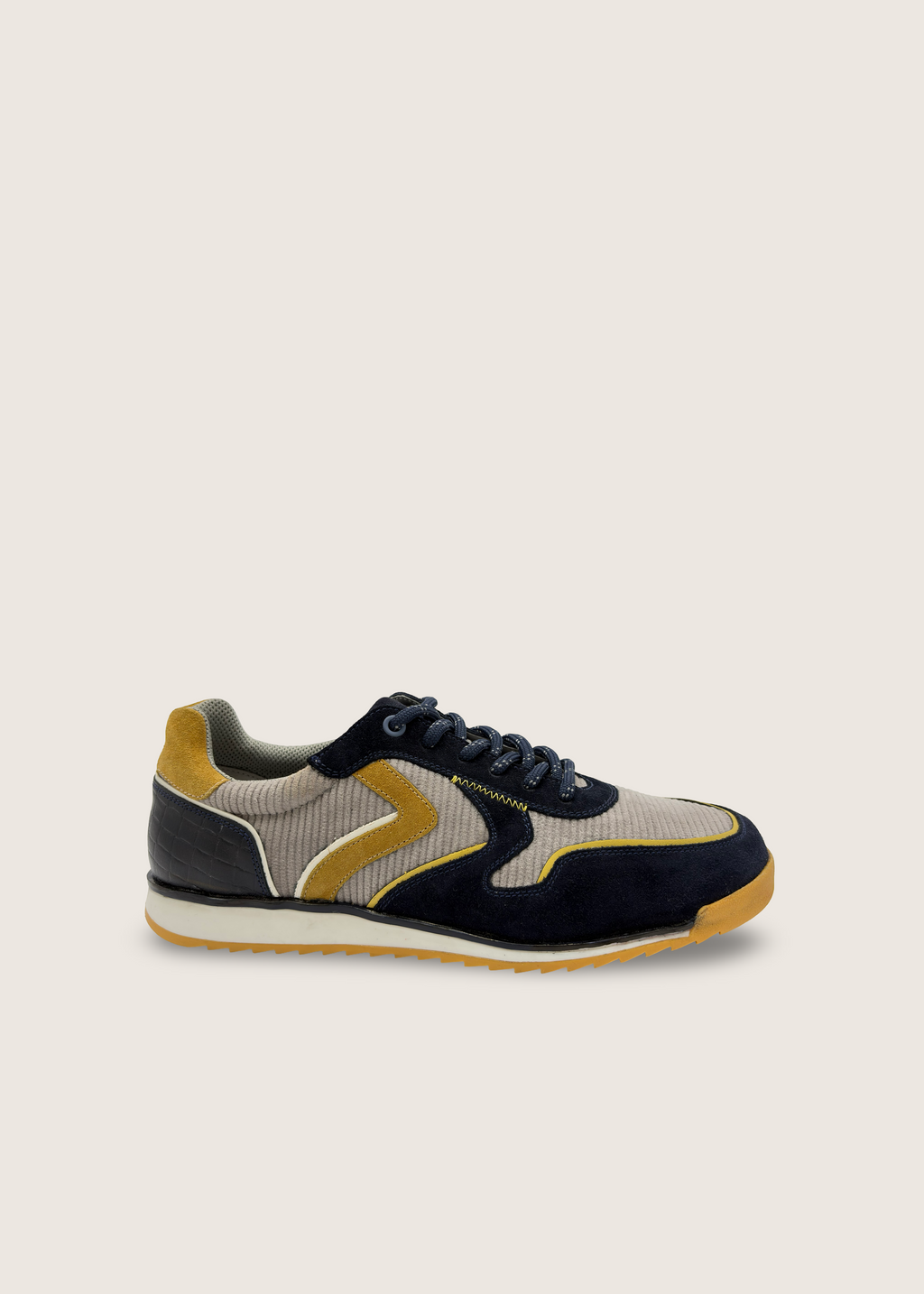 大阪 Men's Osaka in deep navy blue leather suede with light grey cotton corduroy