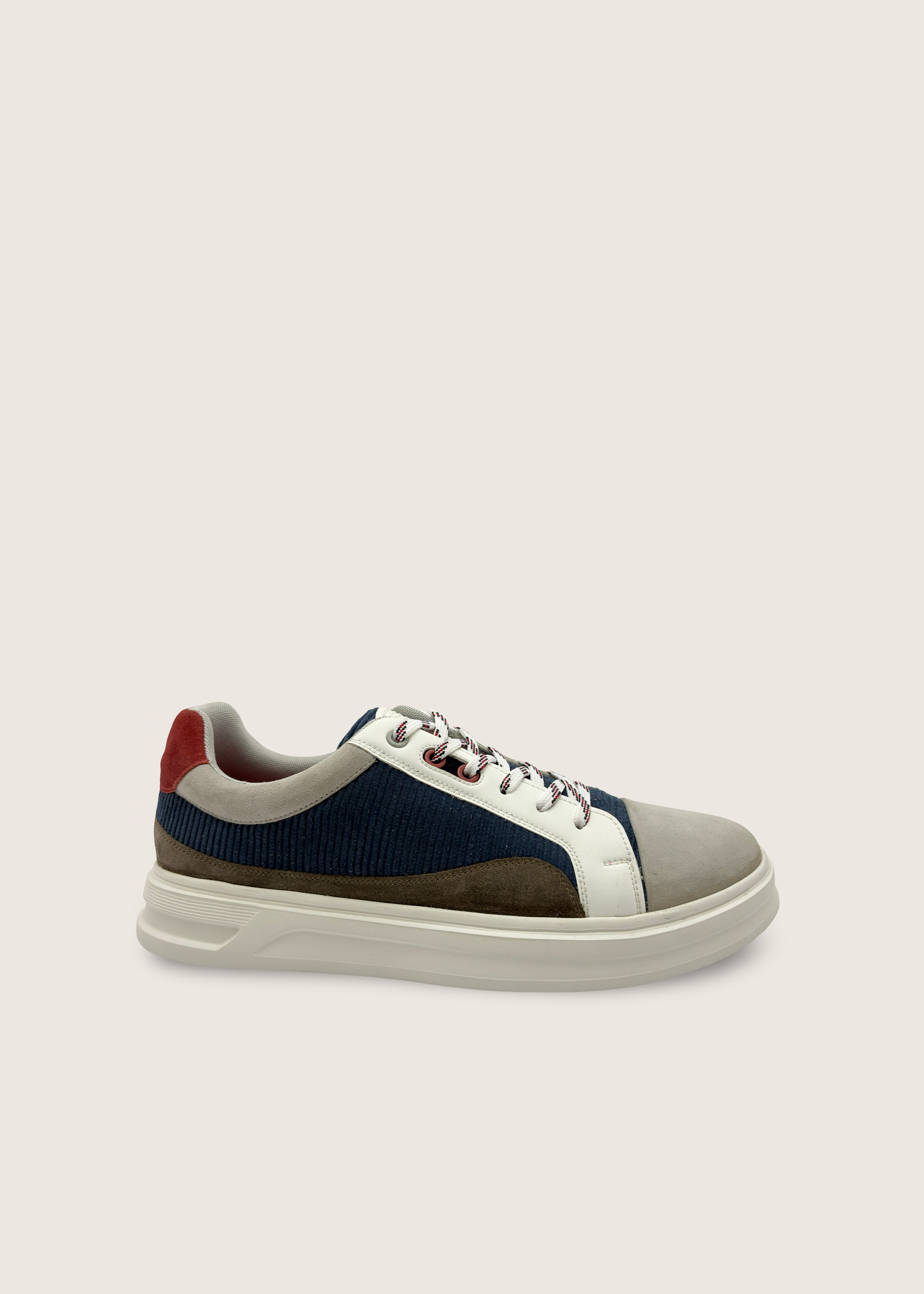 光 Men's Hikari in pumice and olive leather suede and deep blue cotton corduroy