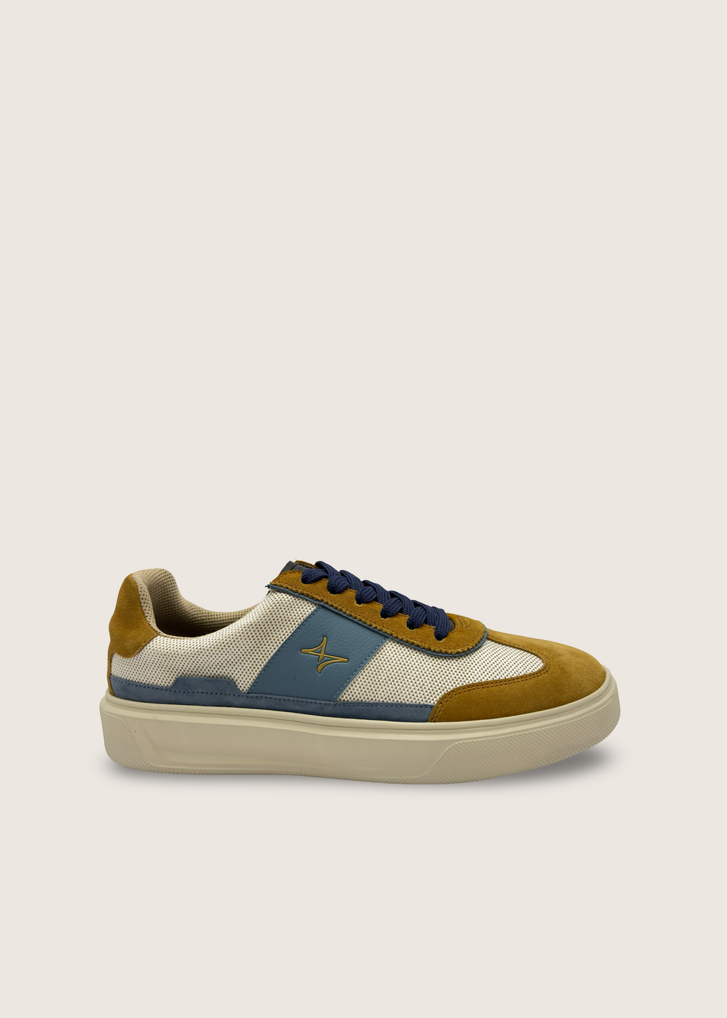 波 Men's SORA in sulphur and lagoon leather suede with white square box cotton canvas